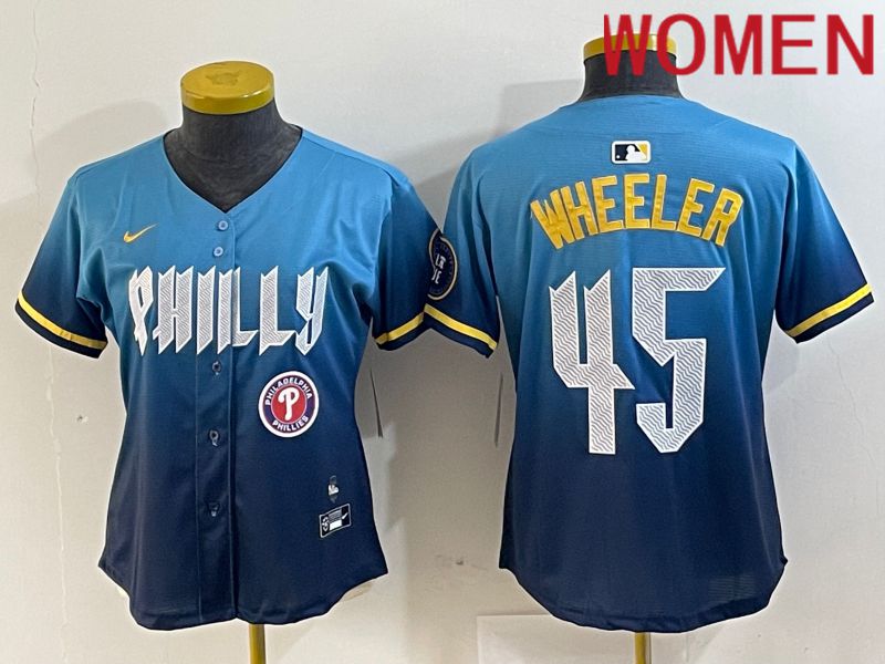 Women Philadelphia Phillies #45 Wheeler Blue City Edition Nike 2024 MLB Jersey style 5